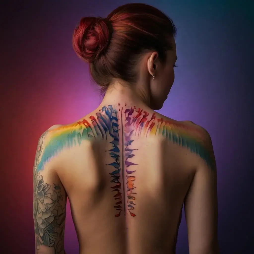 A vibrant watercolor-style spine tattoo with rainbow hues, blending abstract forms and floral details on the shoulder.