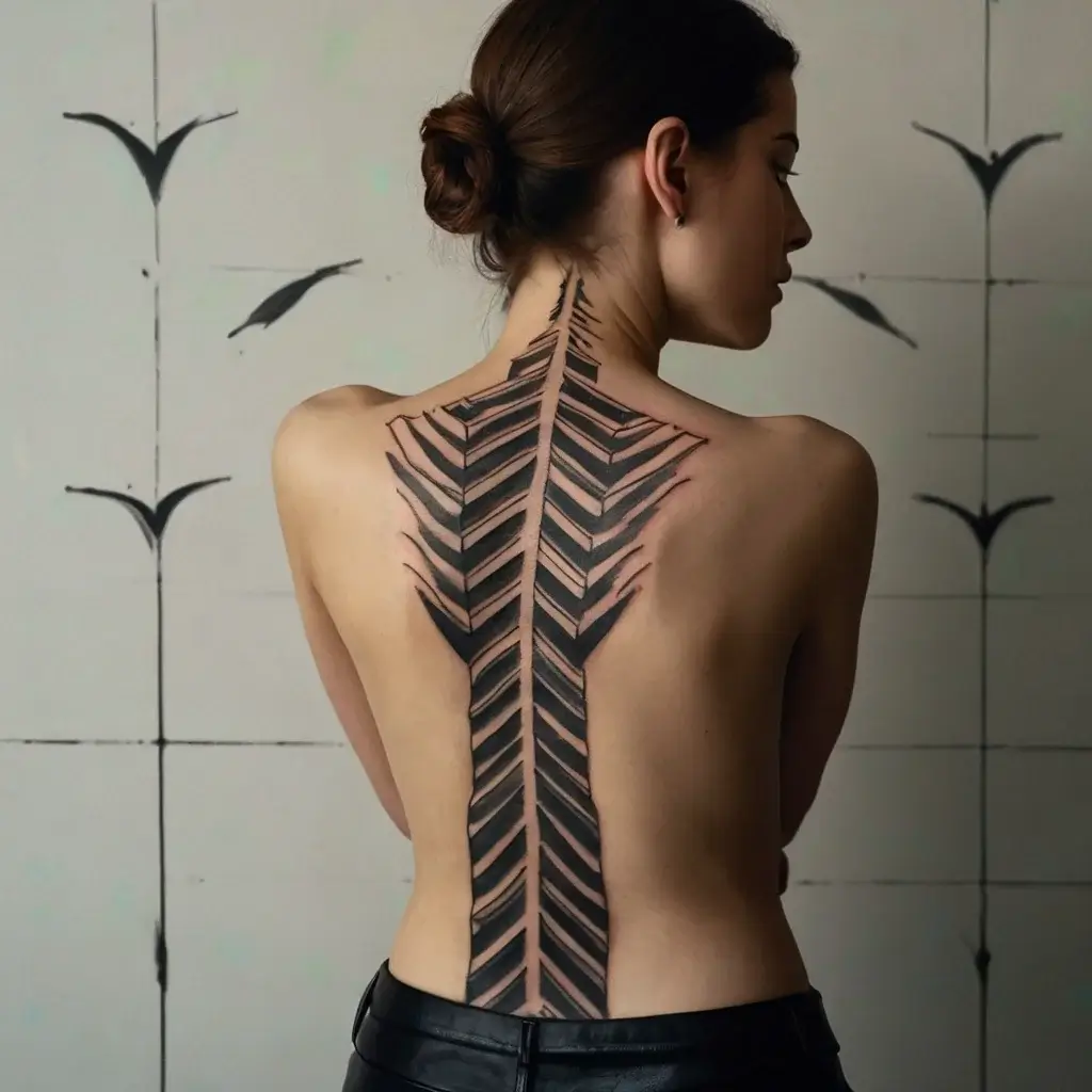 Geometric spine tattoo with bold, black chevrons symmetrically descending along the back.