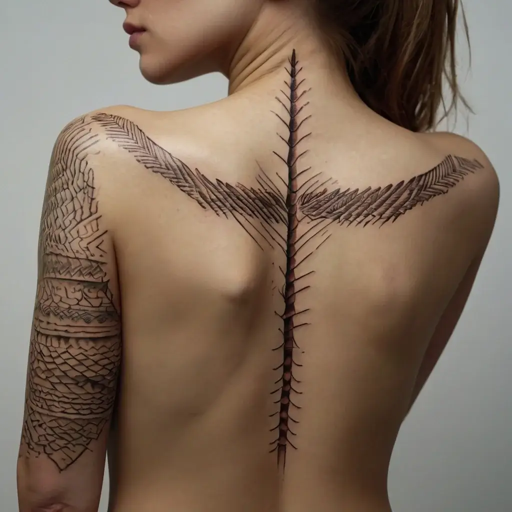 Abstract spine tattoo with geometric patterns radiating outwards, extending onto the shoulder and arm with tribal motifs.