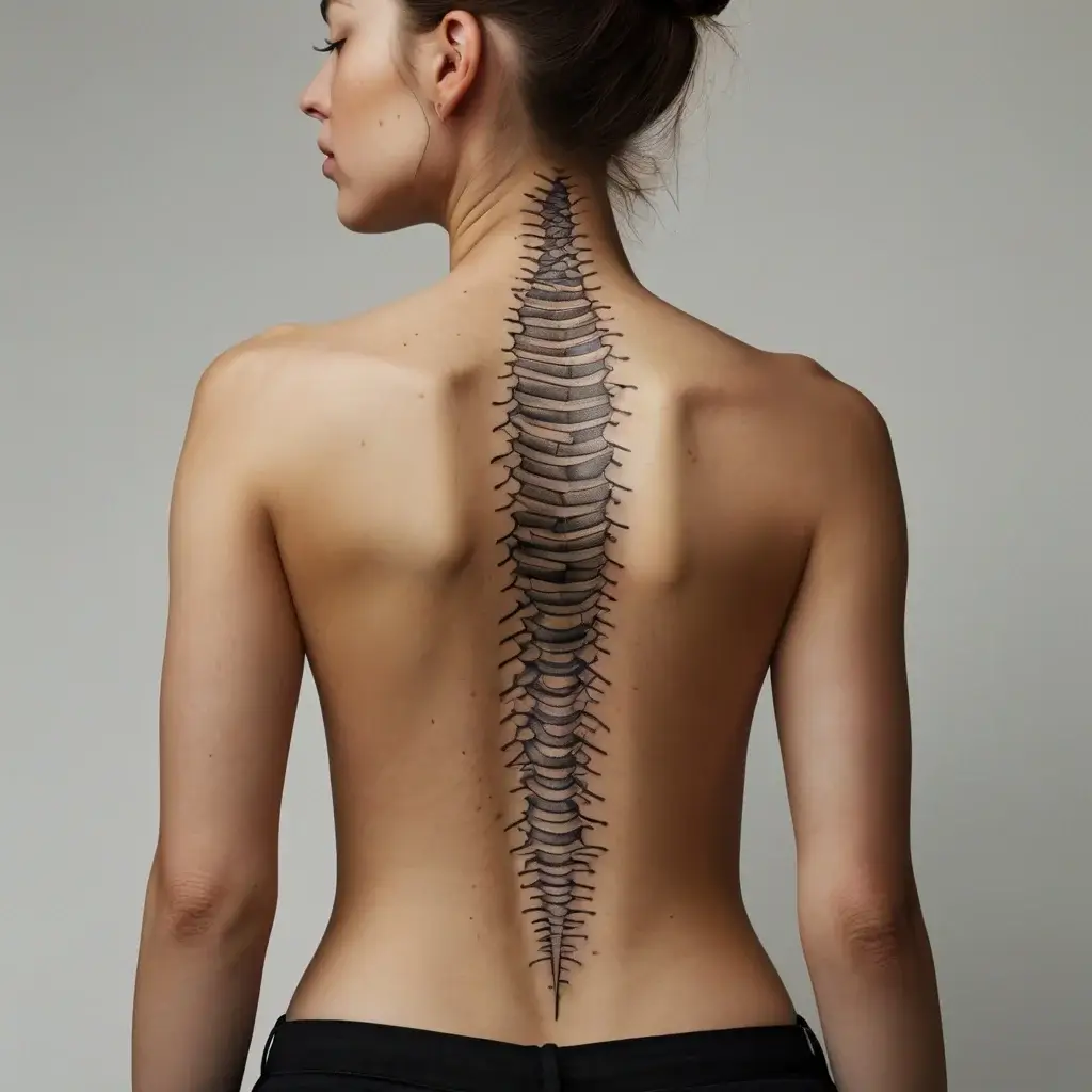 Tattoo of a detailed black spine runs vertically on the back, mimicking vertebrae with intricate shading and realistic depth.