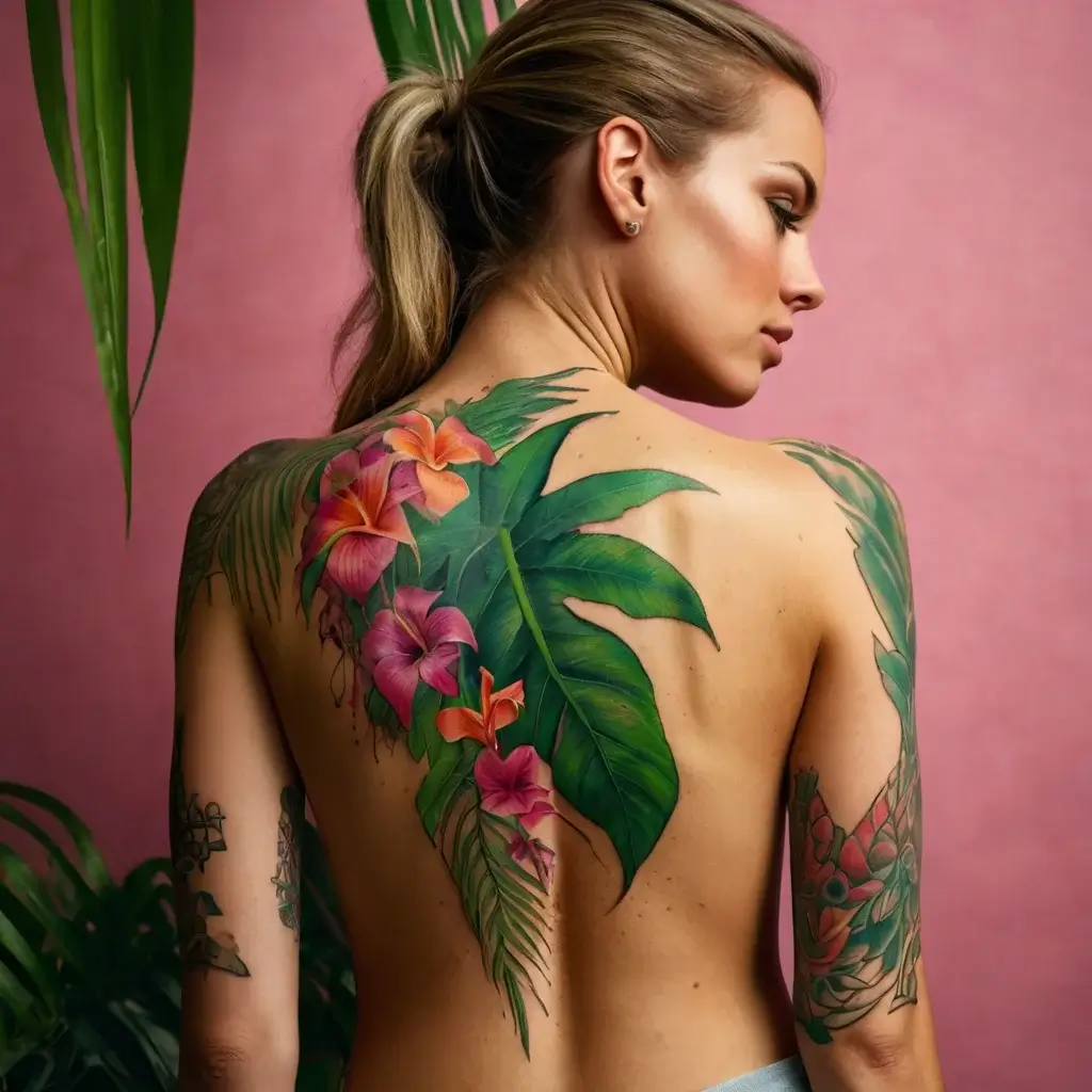 A vibrant tropical tattoo with lush green leaves and vivid pink flowers covers a woman's back, set against a pink backdrop.