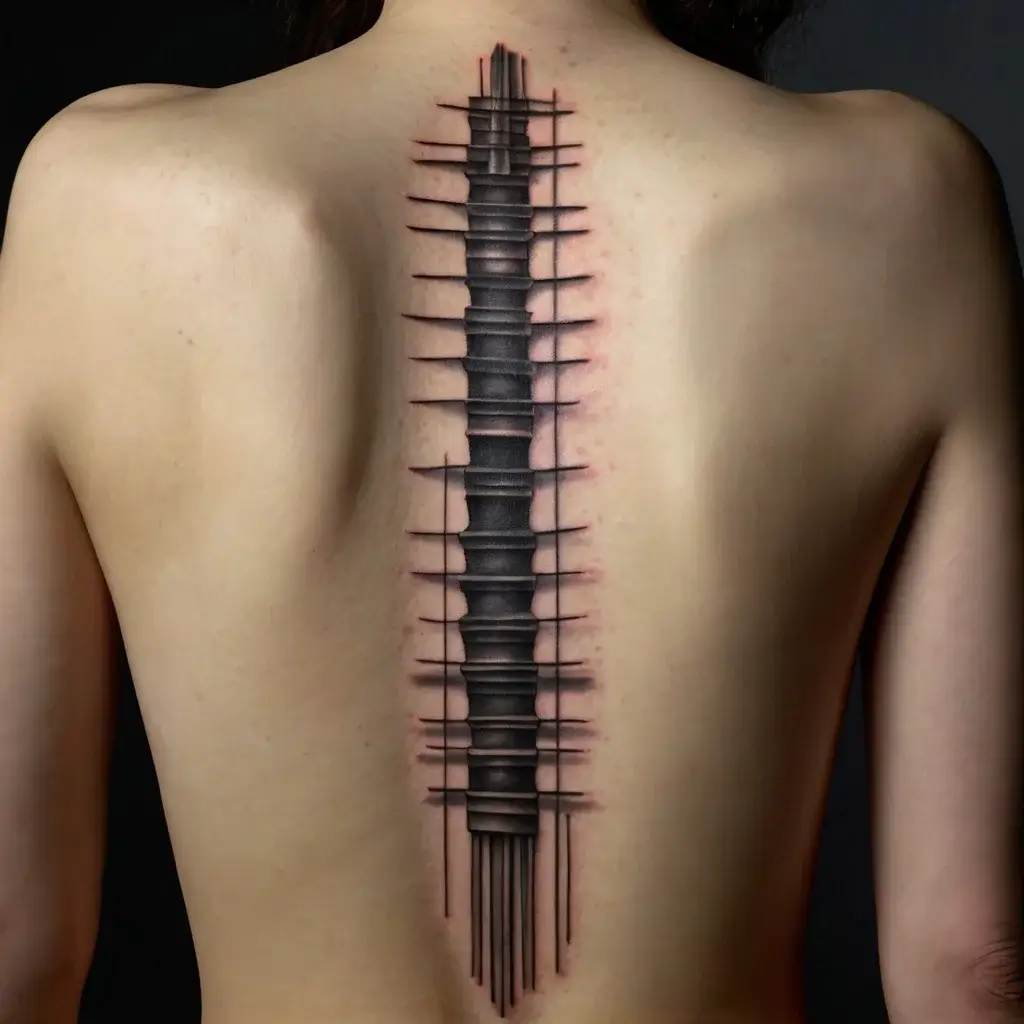 Geometric spine tattoo with vertical bars and lines, creating a 3D illusion with shadow effects, centered on the back.