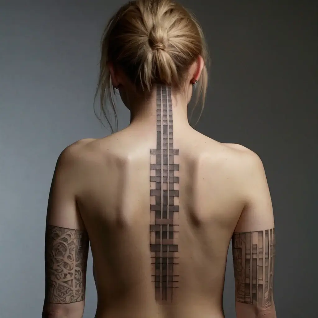 Back tattoo of a stylized spine resembling train tracks with geometric patterns and tribal designs on both arms.