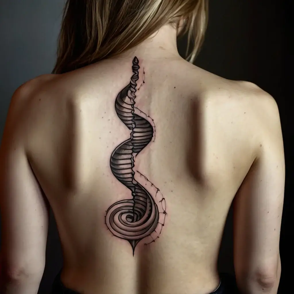 A spiral staircase tattoo with shadowing, stretches vertically along the spine, creating a 3D optical illusion.