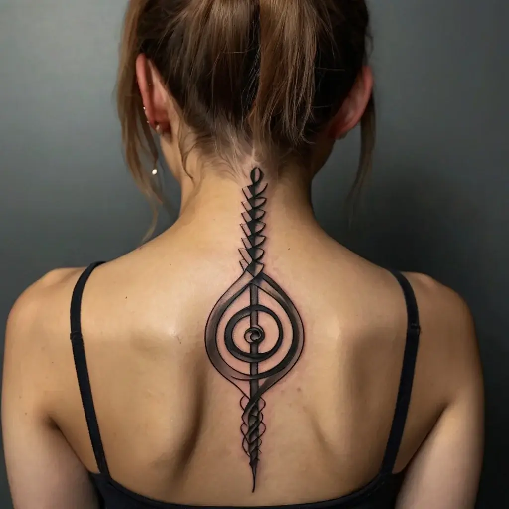 Abstract geometric spine tattoo with concentric circles and leaf-like pattern, blending symmetry and organic form.