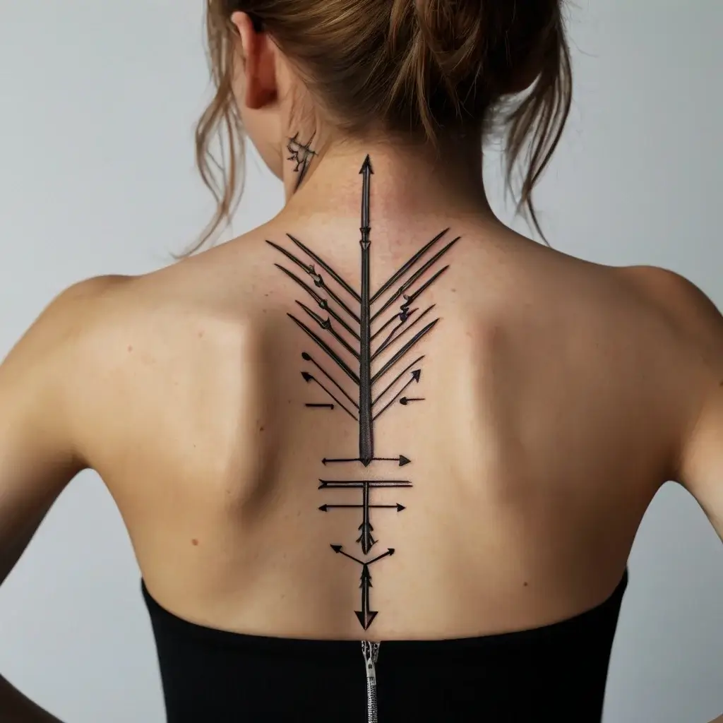 Geometric tattoo with a central line and symmetrical arrows branching outward, running down the spine.