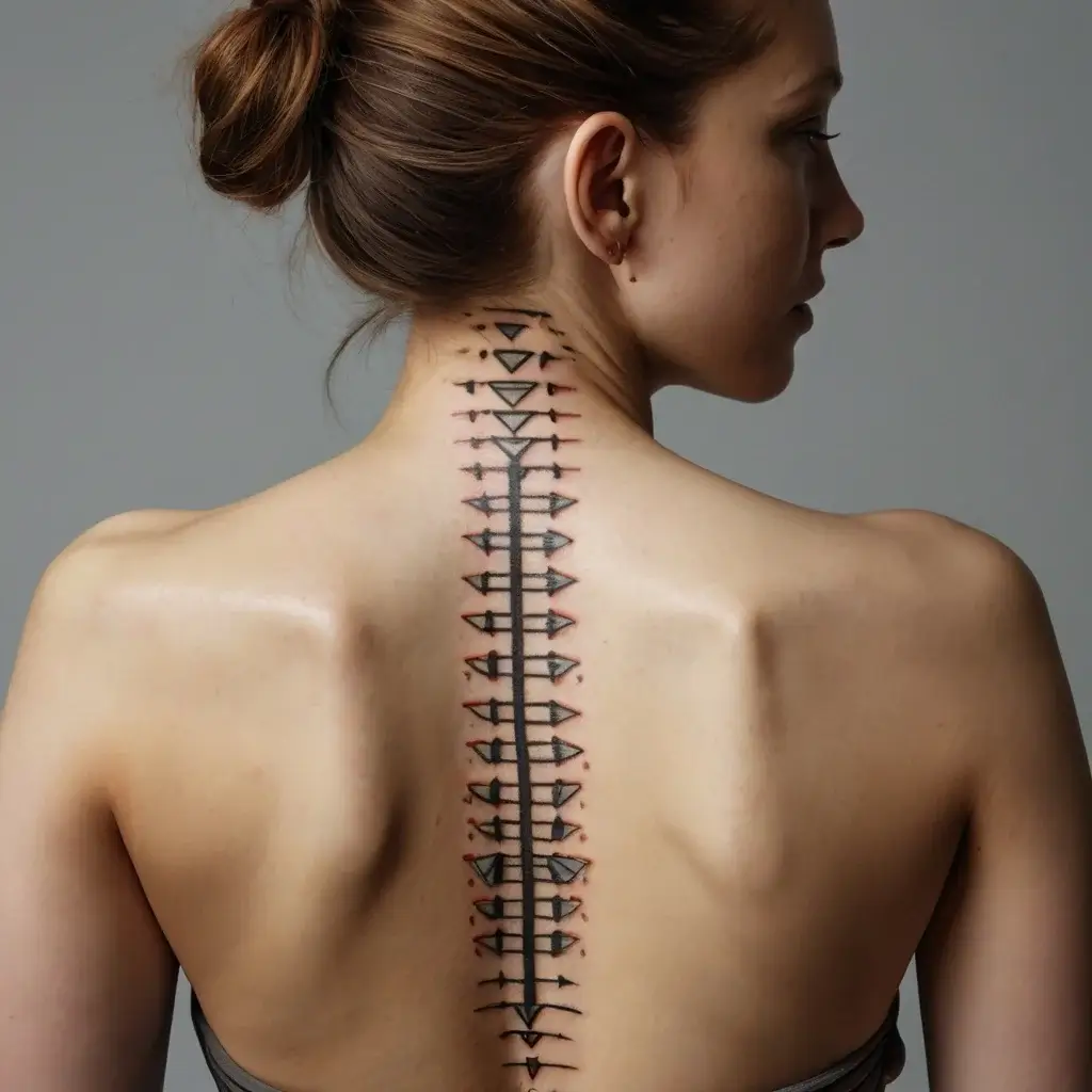 A vertical spine tattoo with geometric patterns, featuring black triangles, lines, and subtle red accents down the center.