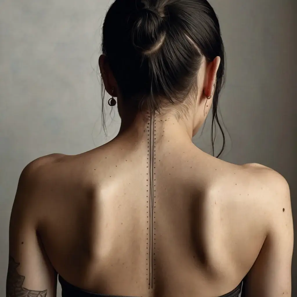 Minimalist spine tattoo with parallel lines and dots extending down the back, highlighting symmetry and elegance.