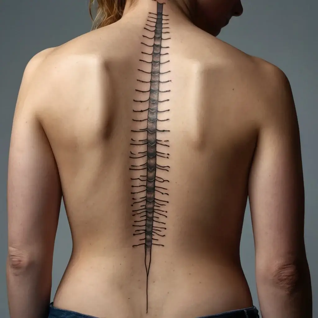 Tattoo of a black centipede spanning the spine, with intricate legs and segments, symbolizing resilience and transformation.