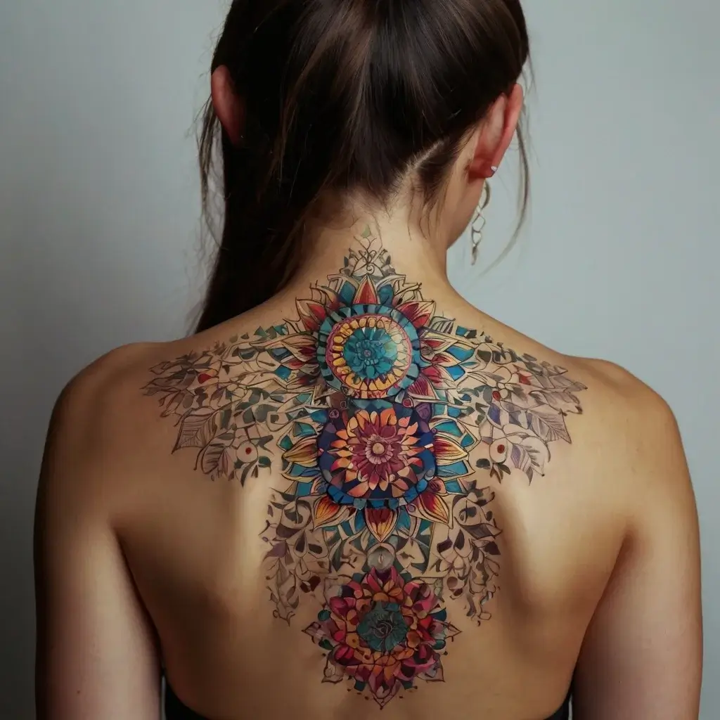 A colorful mandala tattoo adorns the back, featuring intricate floral patterns and geometric shapes, evoking balance and harmony.