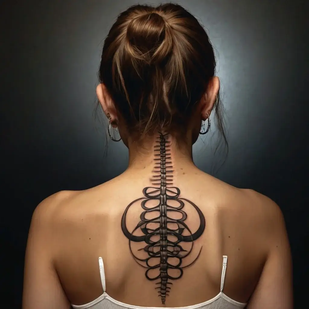 Tattoo design resembling a spine with intricate loops and curves along the back, creating a surreal, symmetrical pattern.