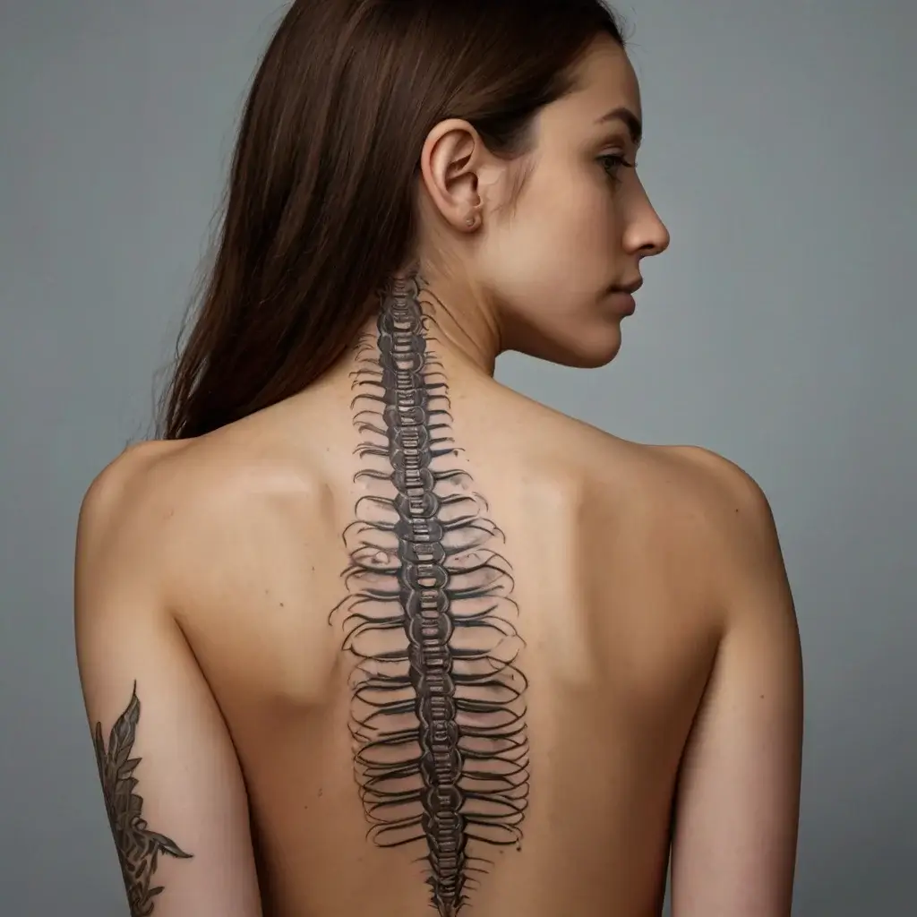 A realistic spinal column tattoo runs down the back, creating a 3D effect. A leaf tattoo adorns the left arm.