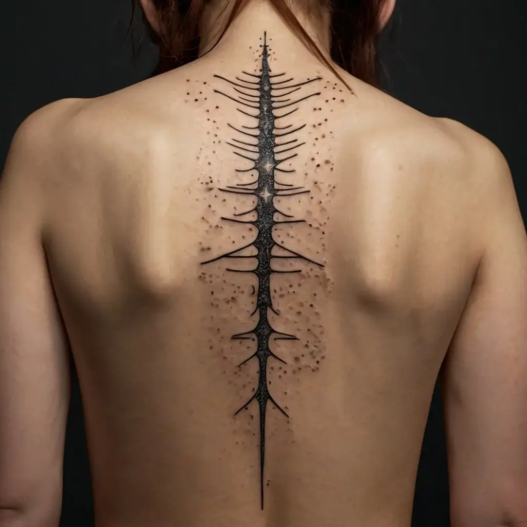 Tattoo of a stylized black spine with branching thorns along the vertebrae, extending down the center of the back.