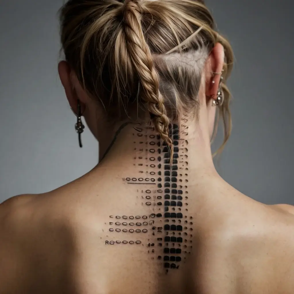 Abstract tattoo of black rectangles and dots along the spine, suggesting a barcode or digital theme, on a woman's neck.