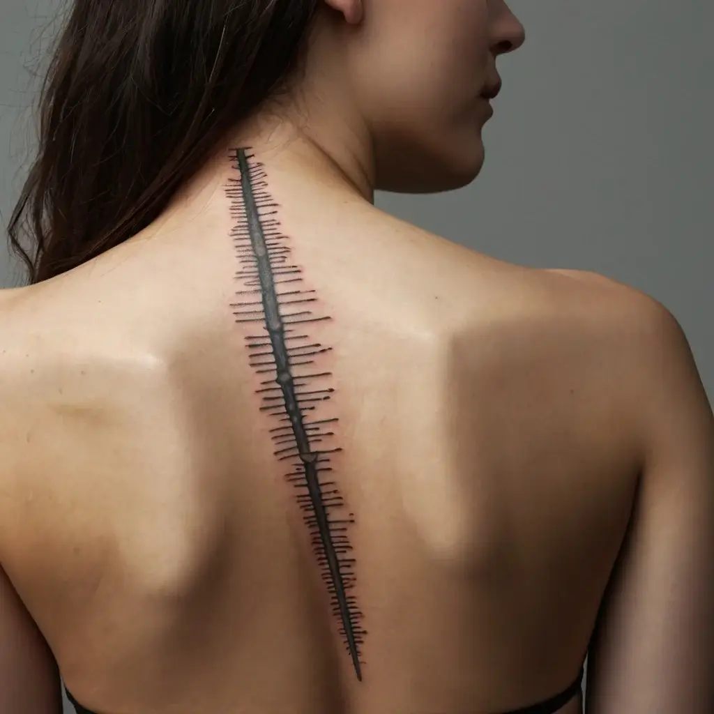 A tattoo of a bold black line mimicking a spinal column with stitch-like lines radiating outward, placed along the back.