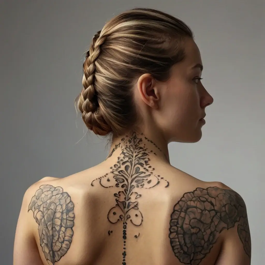 Floral spine tattoo with ornate, symmetrical leafy patterns extends up the neck. Geometric wings spread across the shoulder blades.