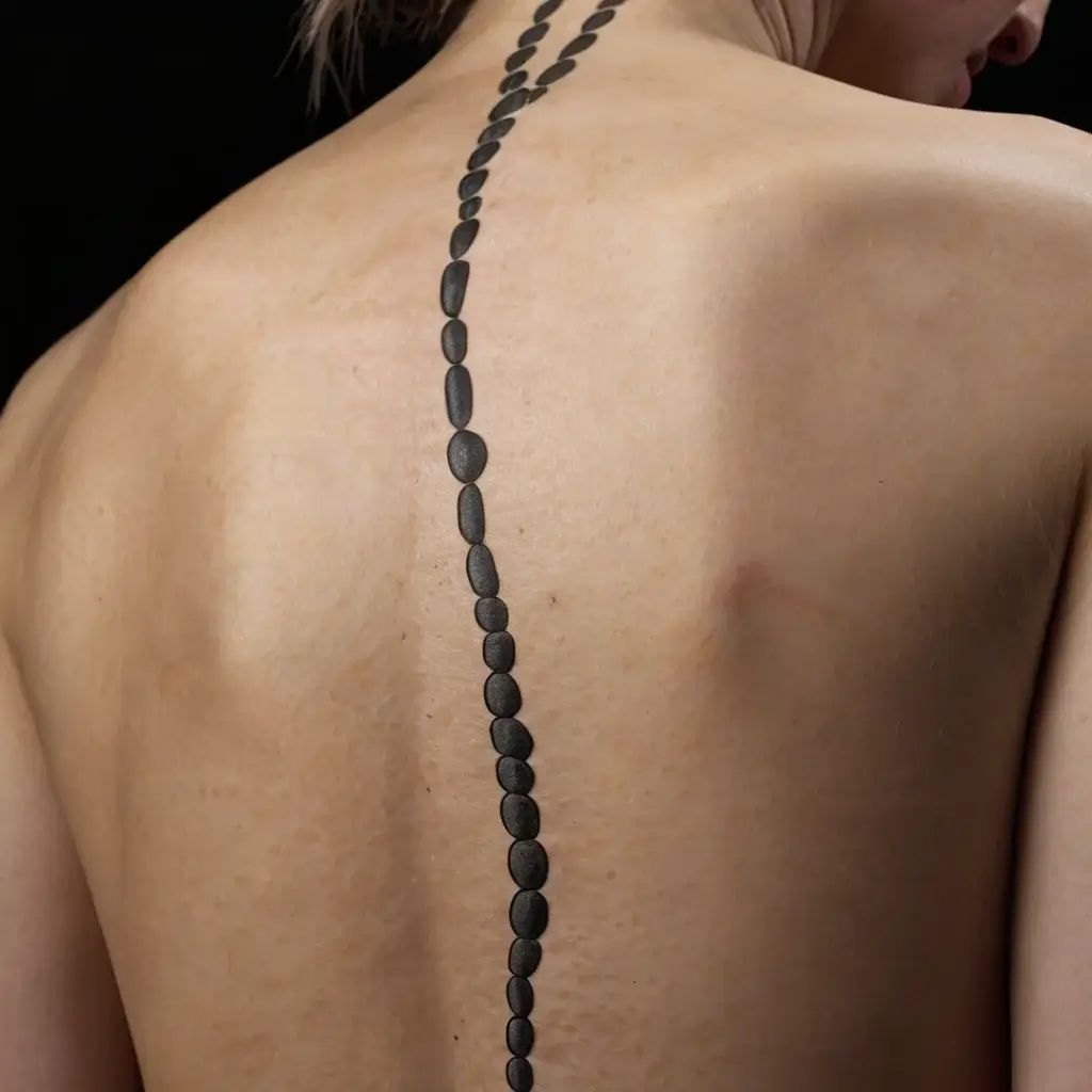 Tattoo of a vertical line of black pebbles along the spine, symbolizing balance and alignment.