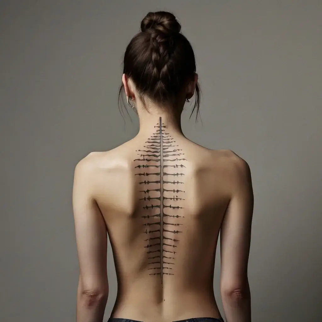 Back tattoo resembling a stylized tree or fishbone spine, with symmetrical branches along the vertebrae. Minimalist design.