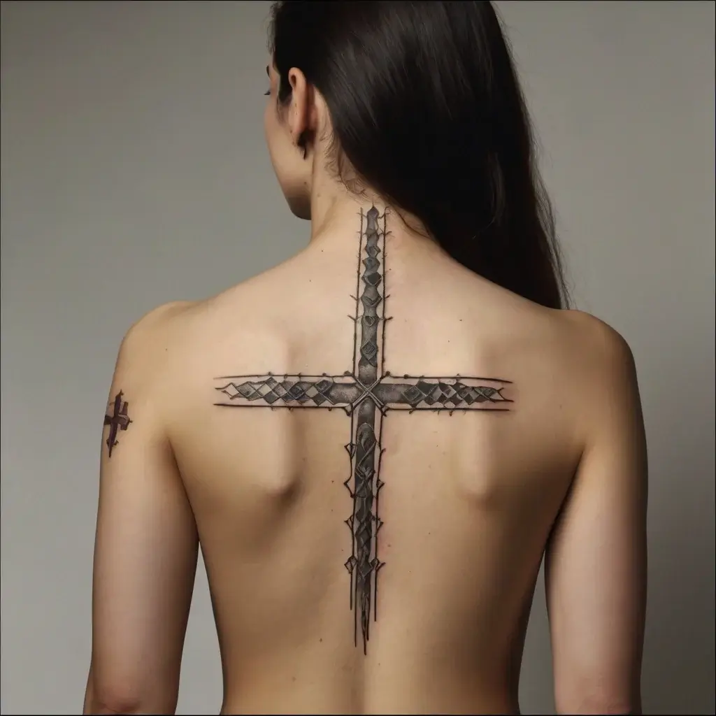 Ornate Gothic cross tattoo on a woman's back, detailed with thorn-like edges and intricate black and gray shading.