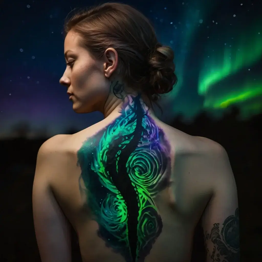 Tattoo of swirling green and blue aurora-like patterns on the back, resembling a cosmic vortex with intricate details.