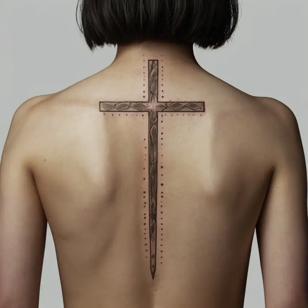 Ornate cross tattoo on back with intricate patterns and dotted lines, symbolizing faith and protection.