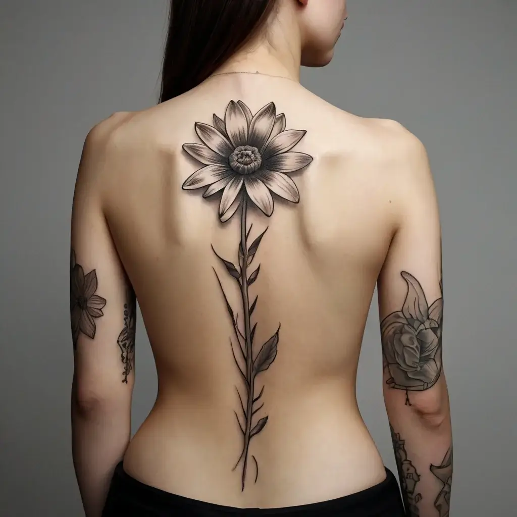 A large monochrome flower tattoo spans the spine, with intricate petals at the top and detailed leaves along the stem.