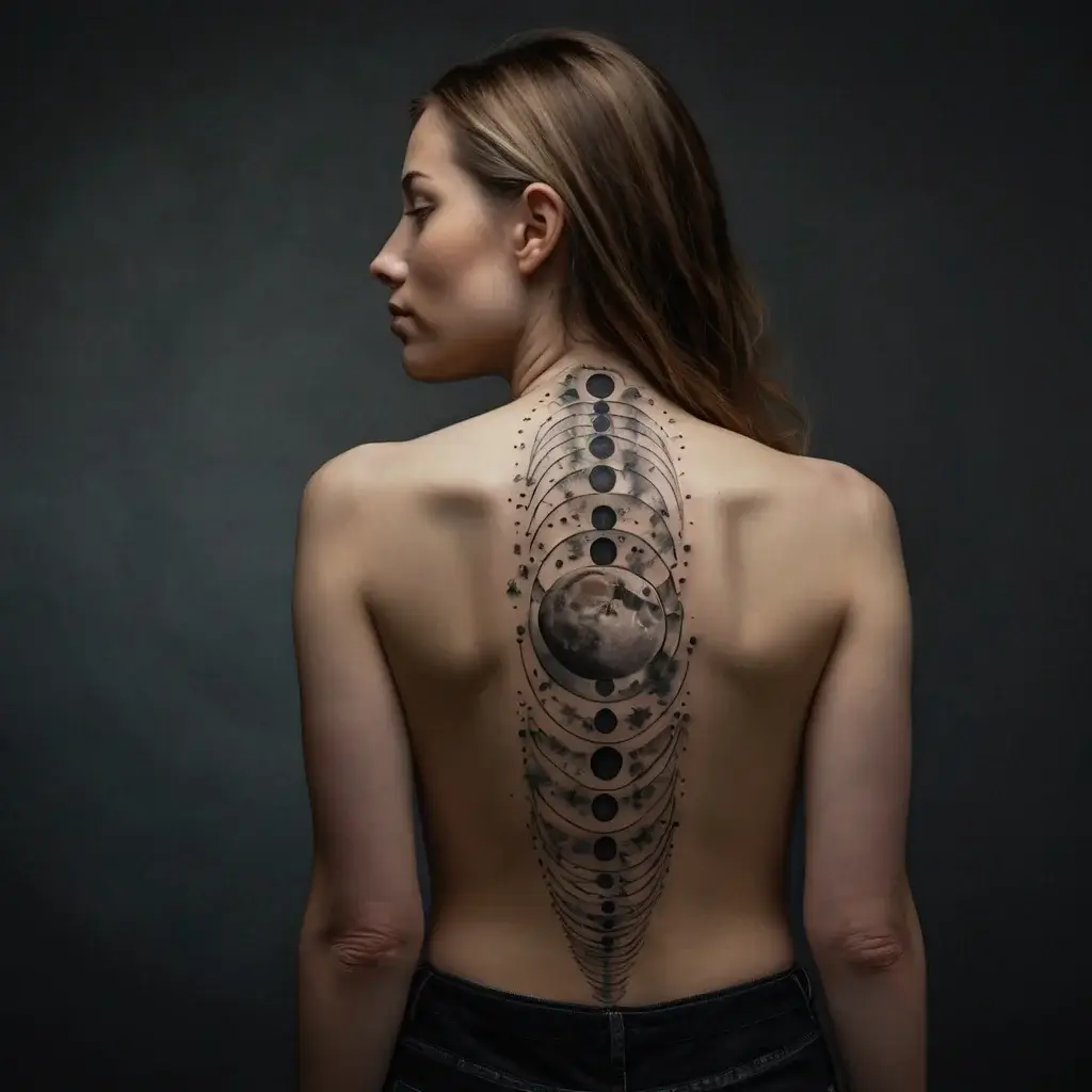 Tattoo of moon phases and celestial elements on woman's back, with a detailed full moon at the center.