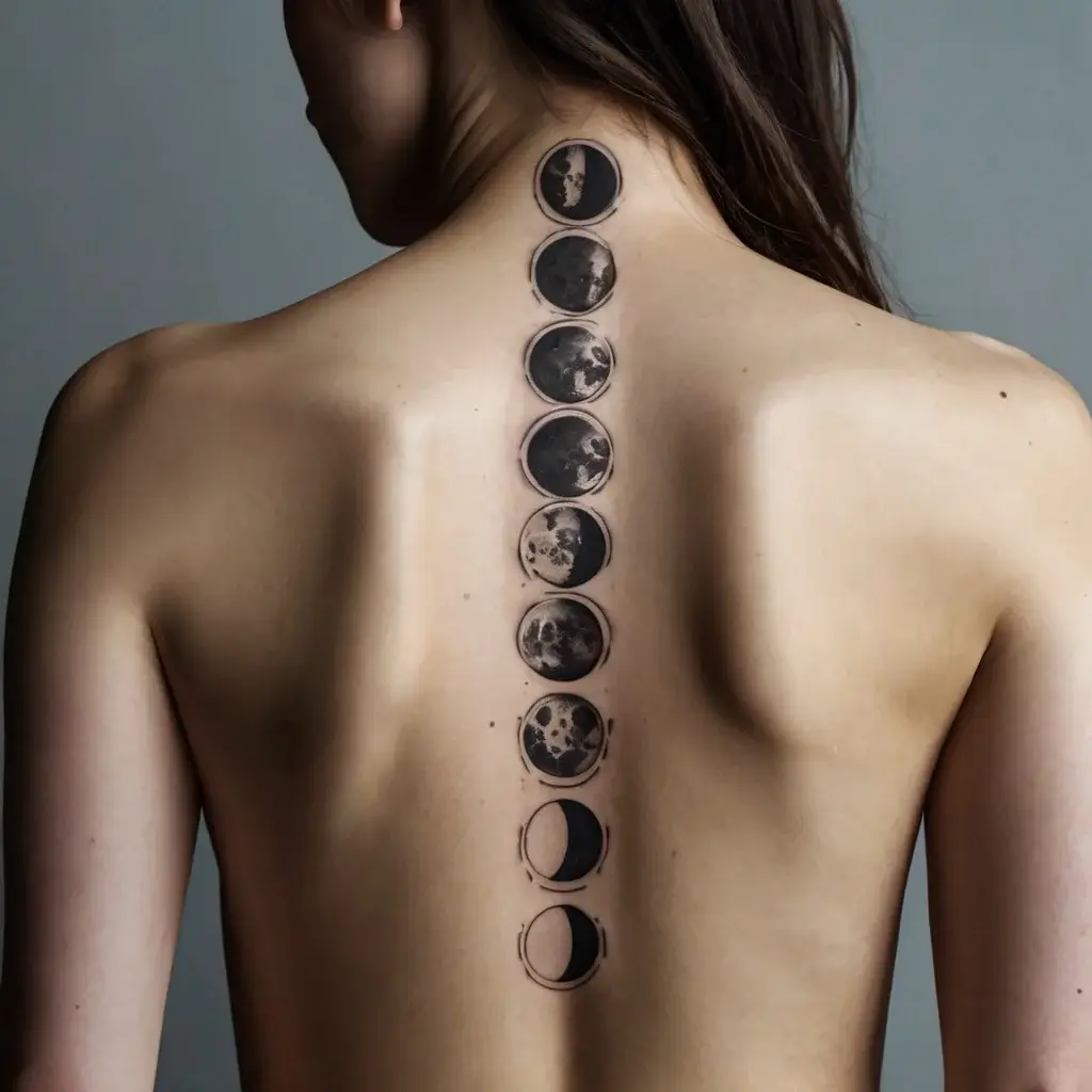 A vertical tattoo of moon phases down the spine, depicting lunar cycles, symbolizing change and continuity.