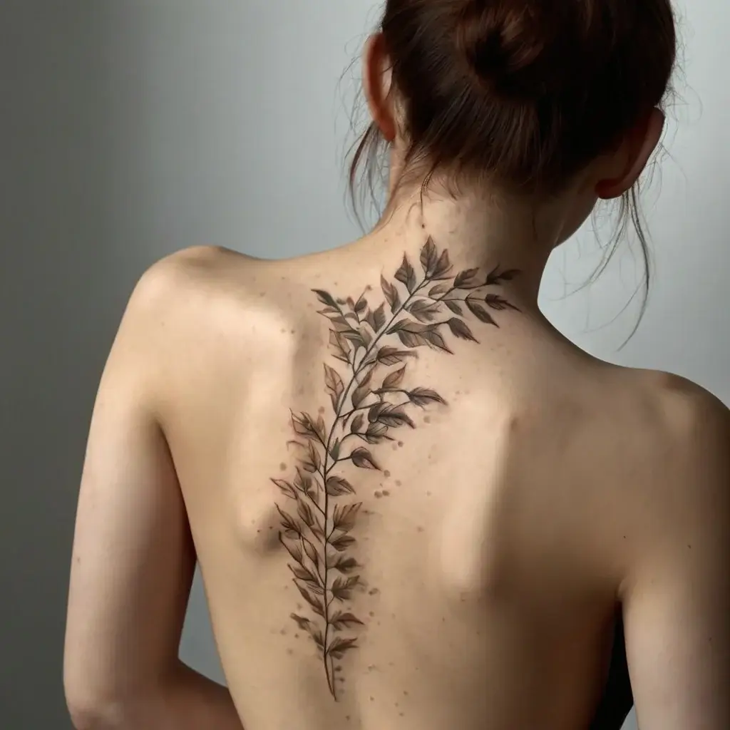 Elegant, detailed leafy branch tattoo running along the spine, with delicate shading and naturalistic design.