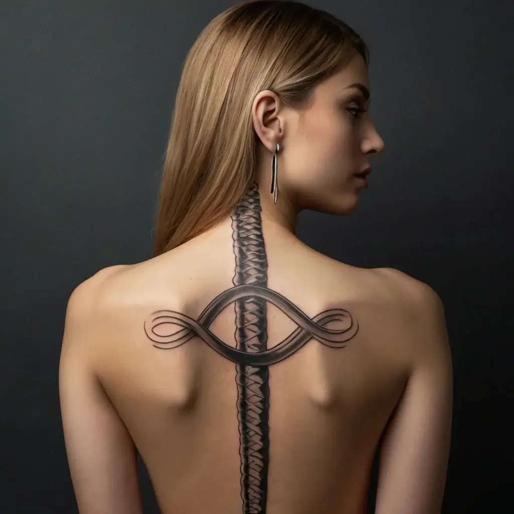 Tattoo design of a vertical braid with an infinity loop across the back, blending elegance with symmetry and depth.