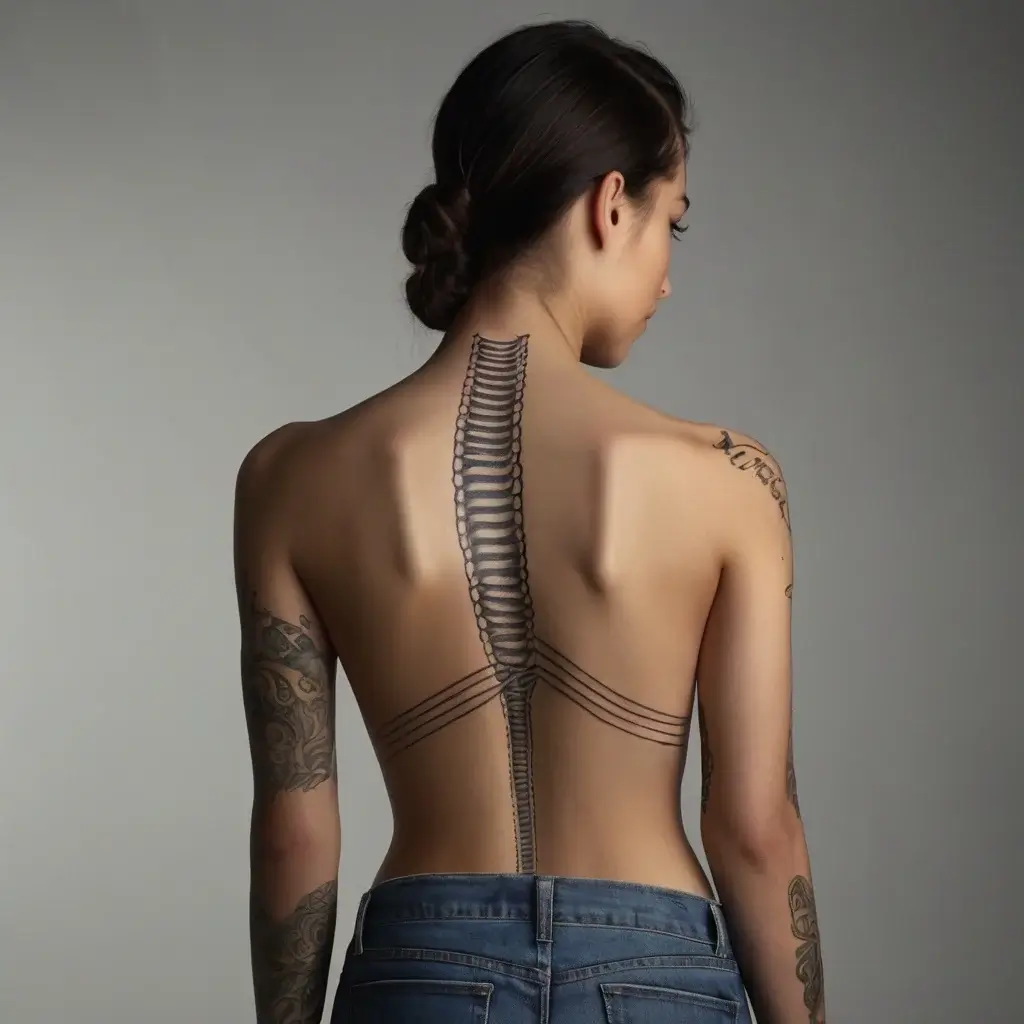 Tattoo of a stylized spine runs down the back, intersected by intricate geometric lines across the rib cage.