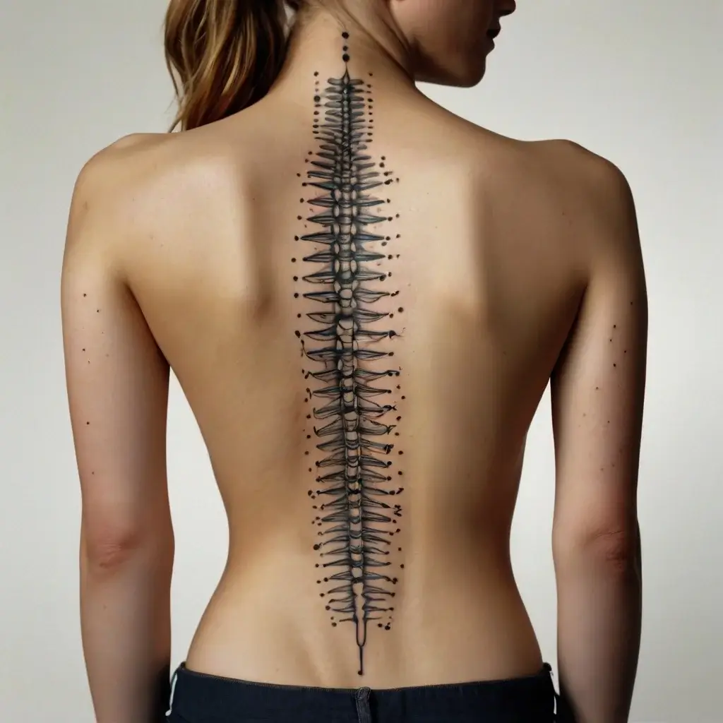 Elegant tattoo of a stylized vertebrae down the spine with intricate linework and dot details.