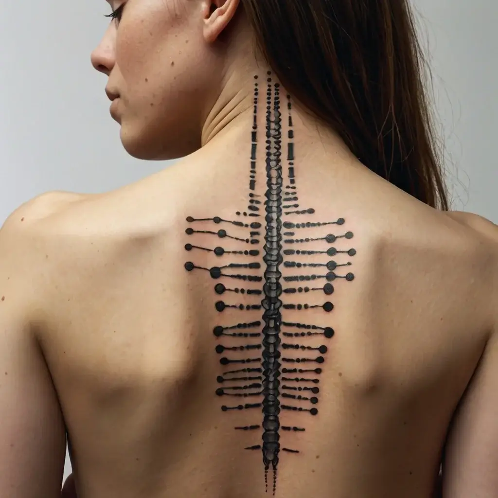 Abstract spine-inspired tattoo with geometric lines and dots, running vertically along the spine, evokes symmetry and balance.