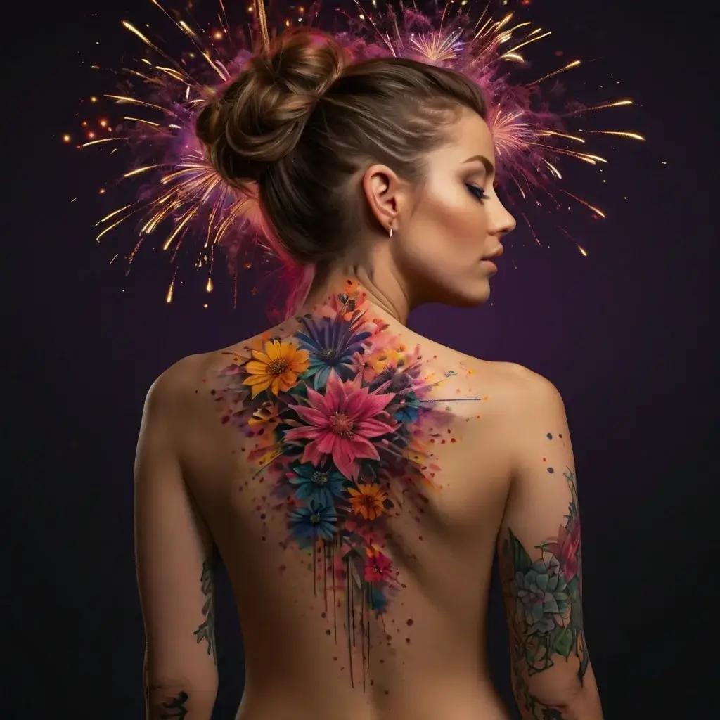 Back tattoo featuring vibrant, realistic flowers with splatter watercolor effects, creating a dynamic, artistic composition.