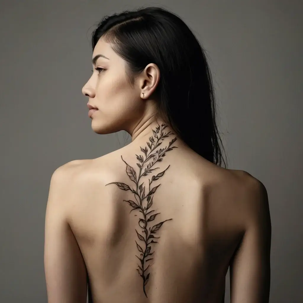 A graceful, flowing vine tattoo with detailed leaves runs elegantly down the center of a woman's upper back.