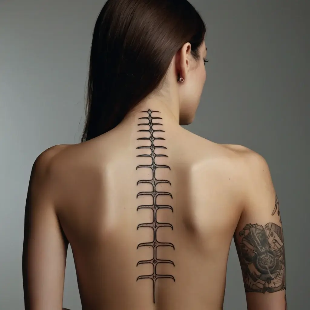 A symmetrical spine tattoo with stylized, curved lines runs down the back, resembling an abstract vertebrae design.