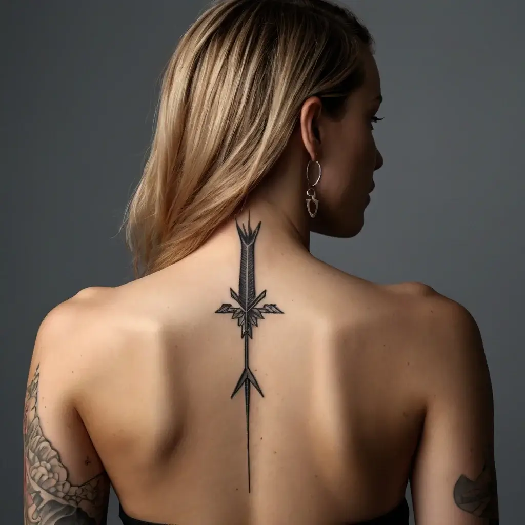 A geometric arrow tattoo runs vertically along the spine, featuring intricate angular details and bold black lines.