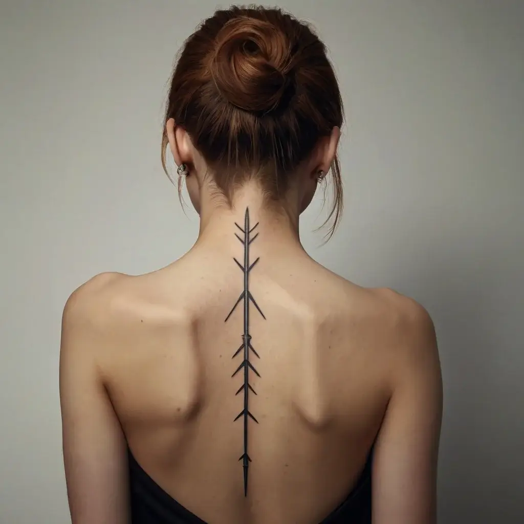 Tattoo down the spine of an abstract geometric arrow with symmetrical lines, symbolizing direction and balance.