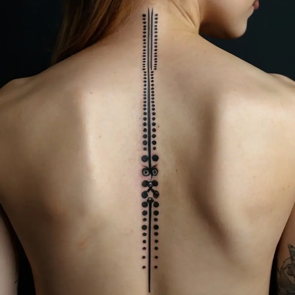 Vertical spine tattoo with symmetrical dots and linear patterns, creating an abstract geometric design.