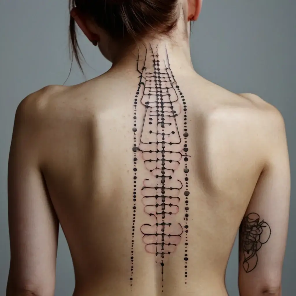 Abstract spine tattoo with geometric dots and lines, extending down the back. Minimalist floral design on the arm.