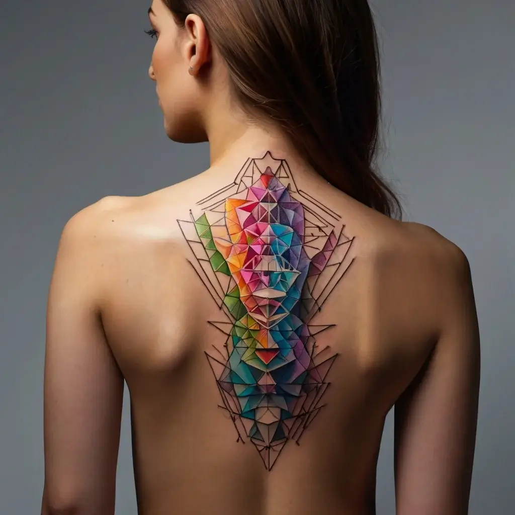 Abstract geometric tattoo on the back, featuring a colorful, layered pattern of triangles and lines in a prismatic design.