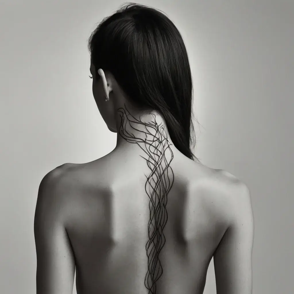 Abstract tattoo with flowing black lines trace down spine and neck, mimicking organic branches or nerves.