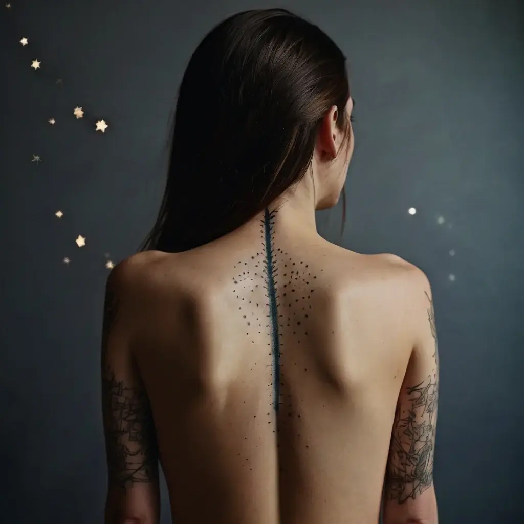 A spine tattoo with a central line of dots and dashes, flanked by symmetrical, abstract star-like patterns on each side.