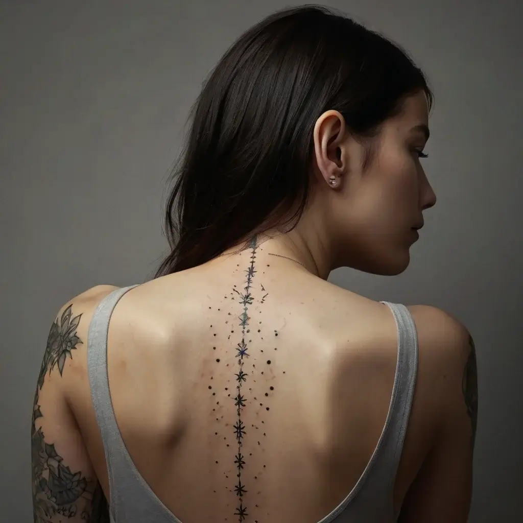 Delicate spine tattoo with stars and dots, creating a celestial line from the neck to the lower back.