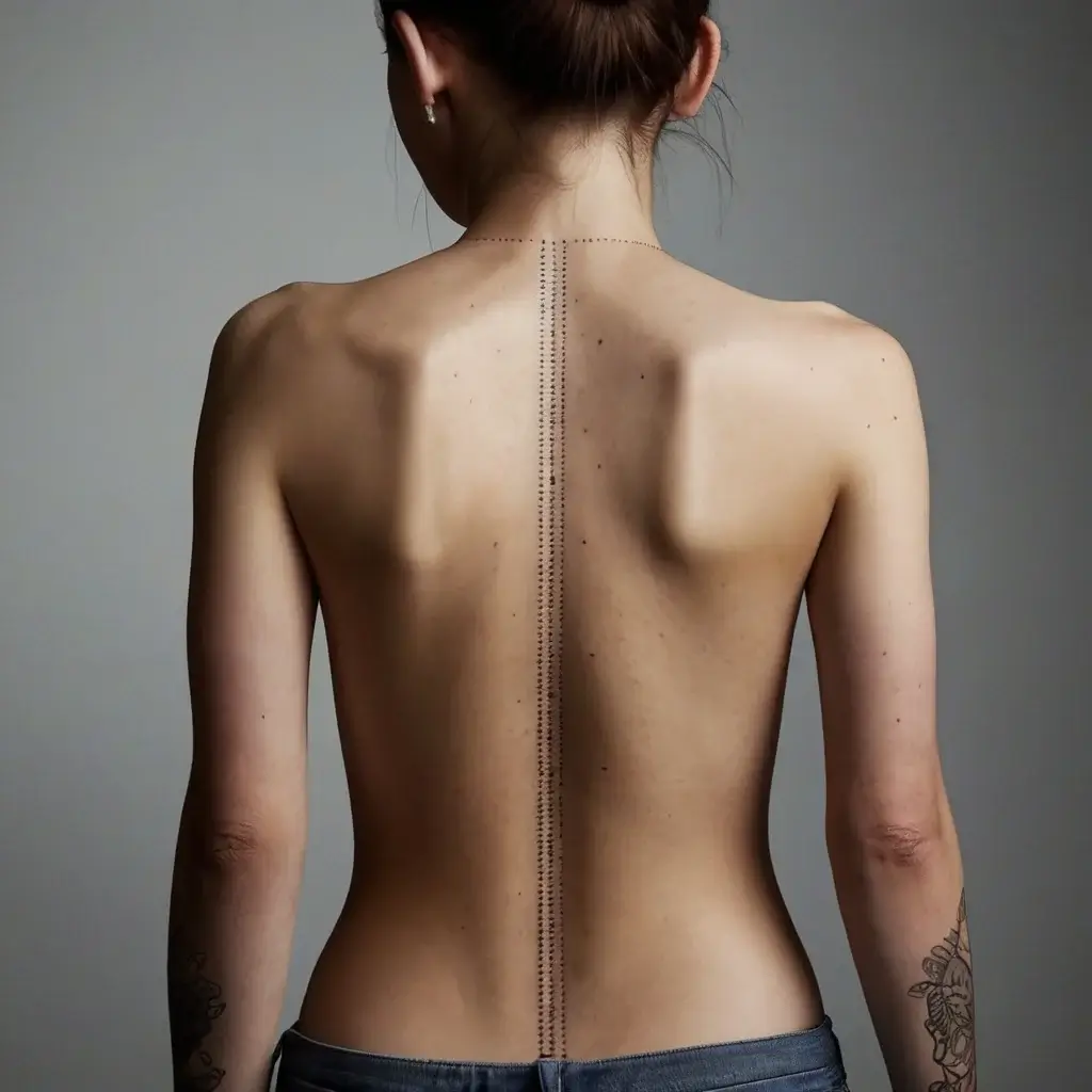 Fine vertical line tattoo along the spine with intricate dotted patterns, emphasizing symmetry and elegance.