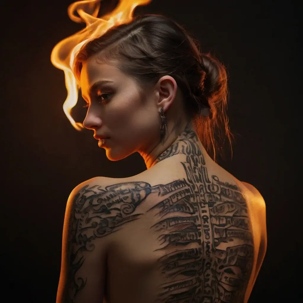 Back tattoo with a spine-like design featuring intricate patterns and script-like elements, with flames above the head.