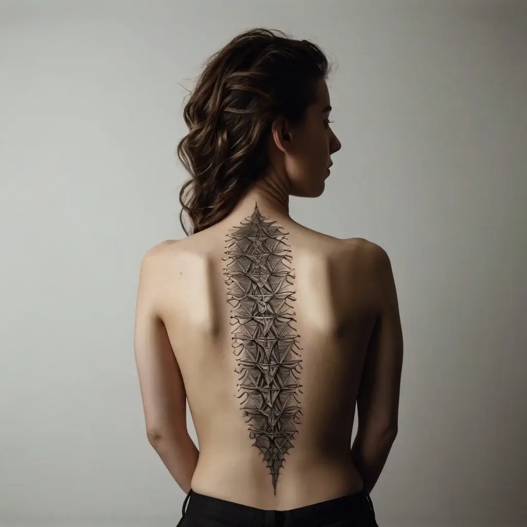 Modern back tattoo with intricate geometric and spiked design, creating a spine-like illusion down the center of the back.