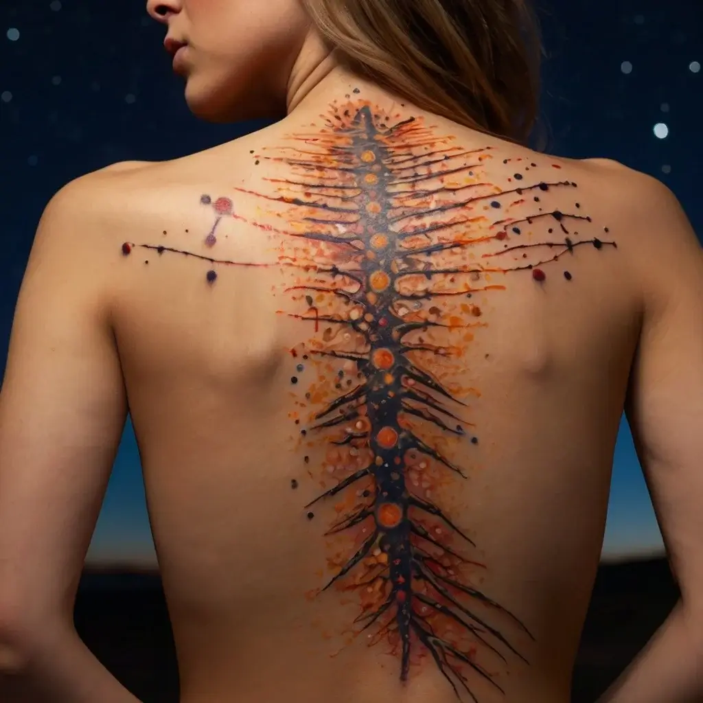 Abstract spine-inspired tattoo on the back, with fiery oranges and deep blues, resembling a cosmic explosion.