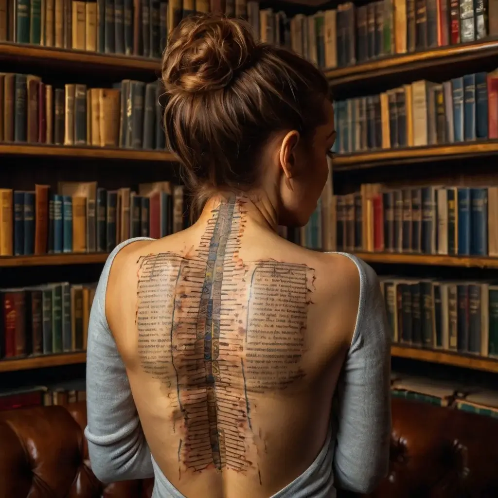 Tattoo of a book spine with pages unfurled down the back, symbolizing knowledge and storytelling.