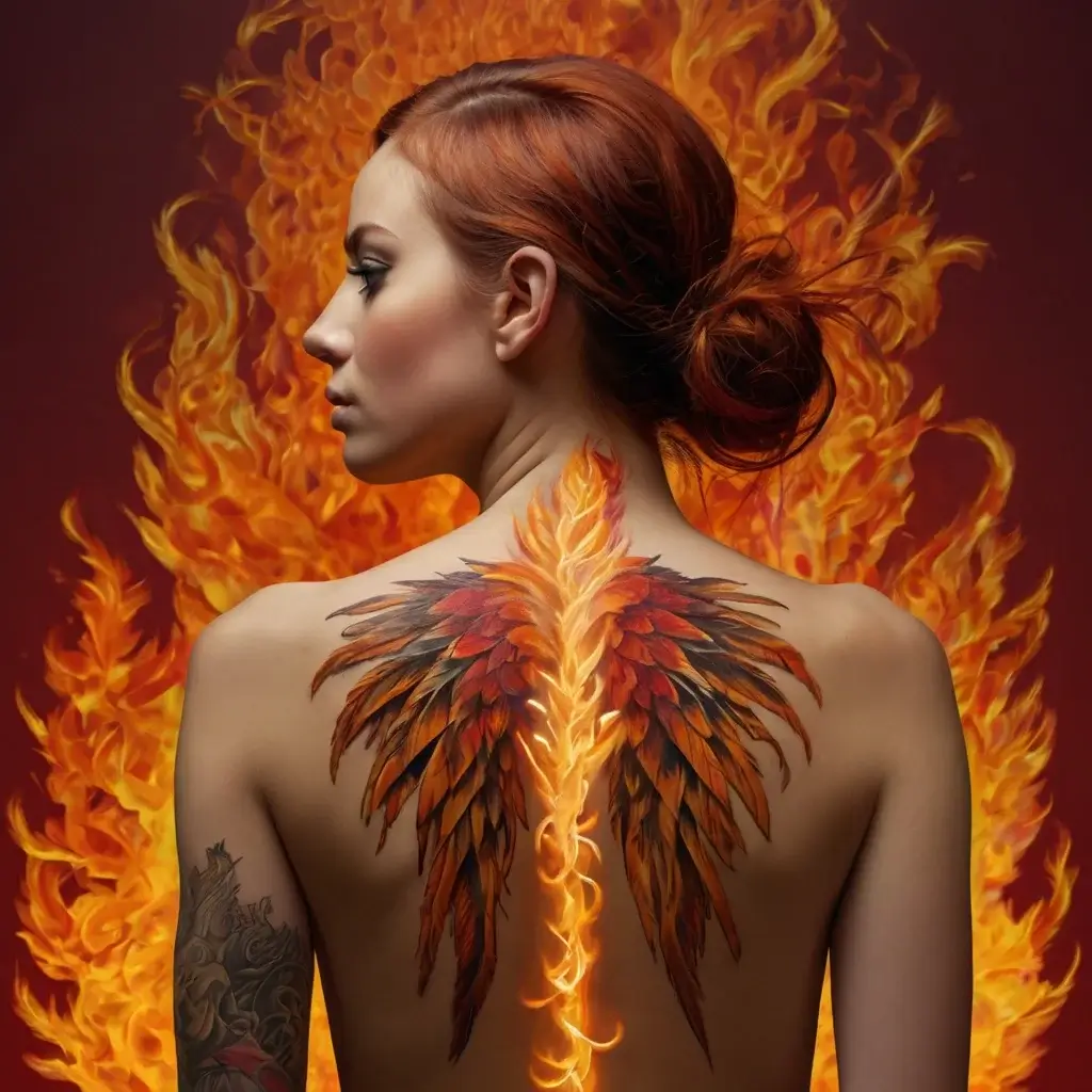 Tattoo of fiery phoenix wings spanning the back, with vivid flames and intricate feather detail symbolizing rebirth.